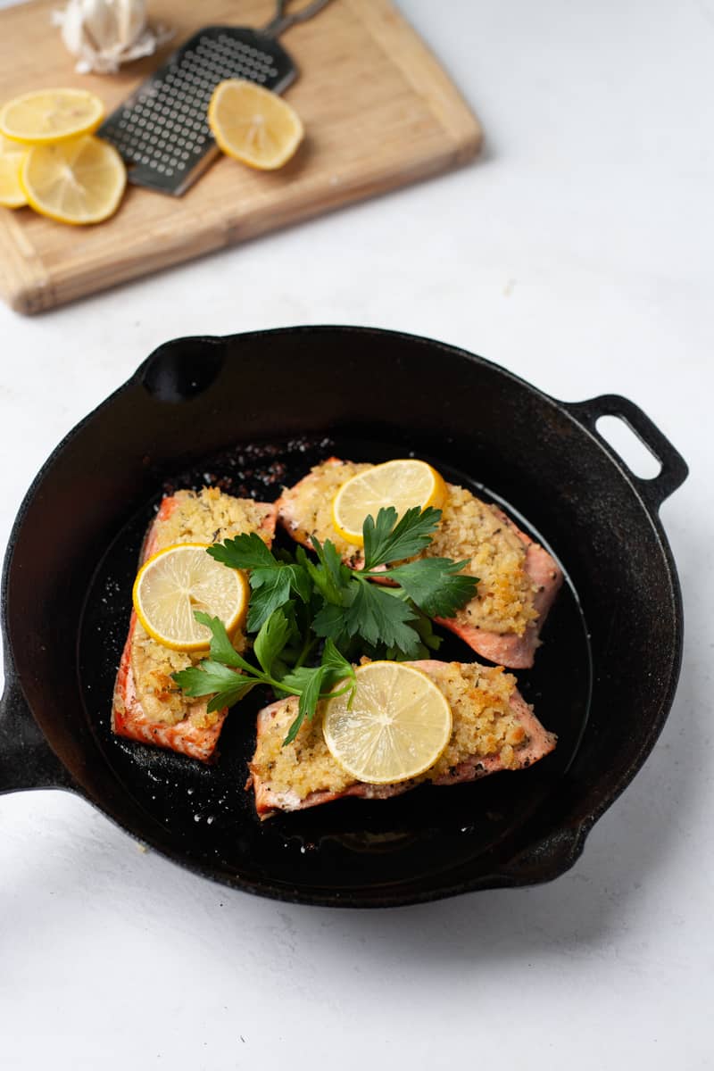 cast iron salmon in skillet