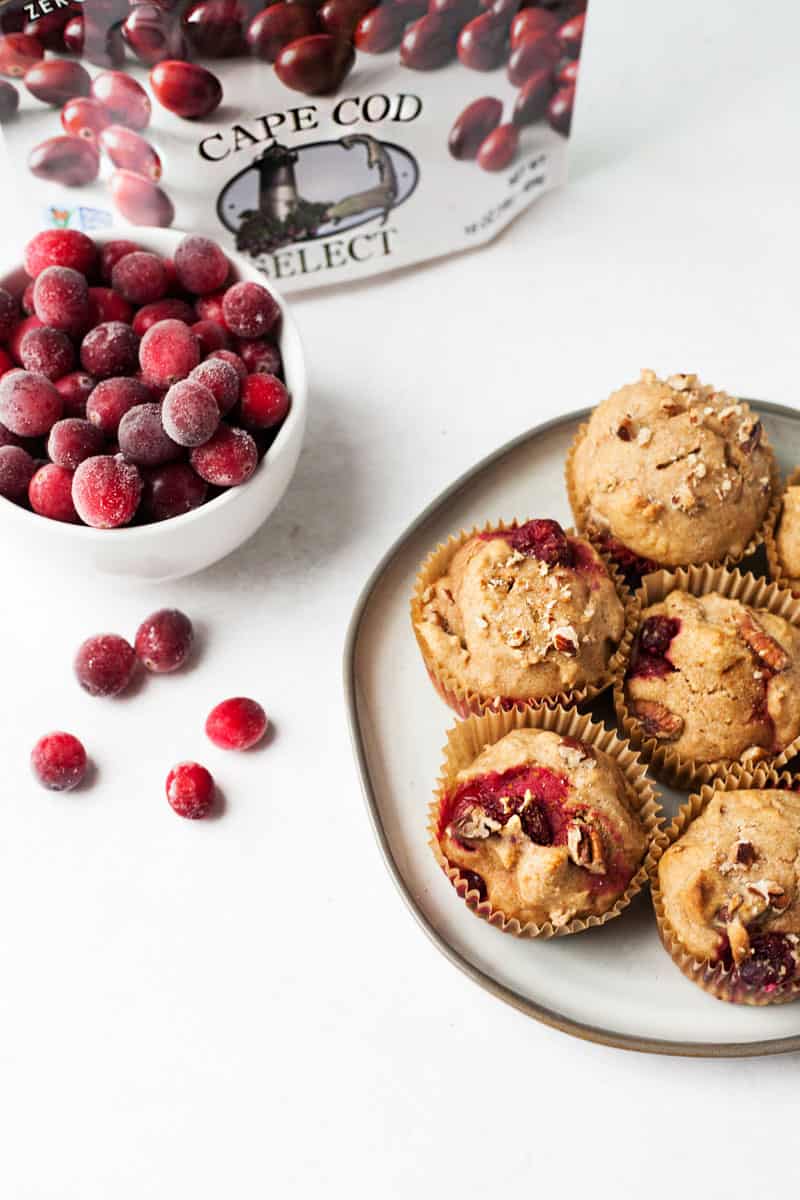 healthy cranberry sweet potato muffins with frozen cranberries