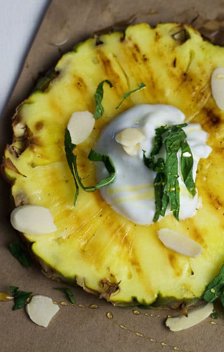 grilled pineapple with yogurt, honey and mint