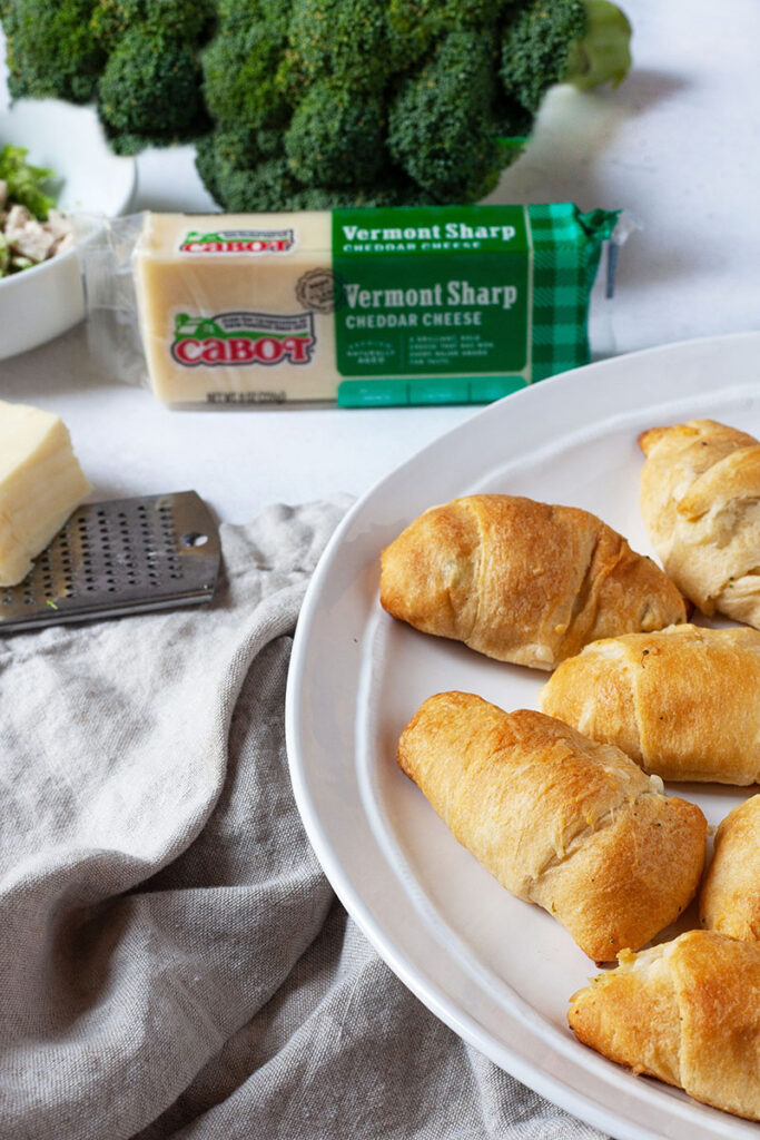 cheesy chicken broccoli rolls with Cabot Cheese 