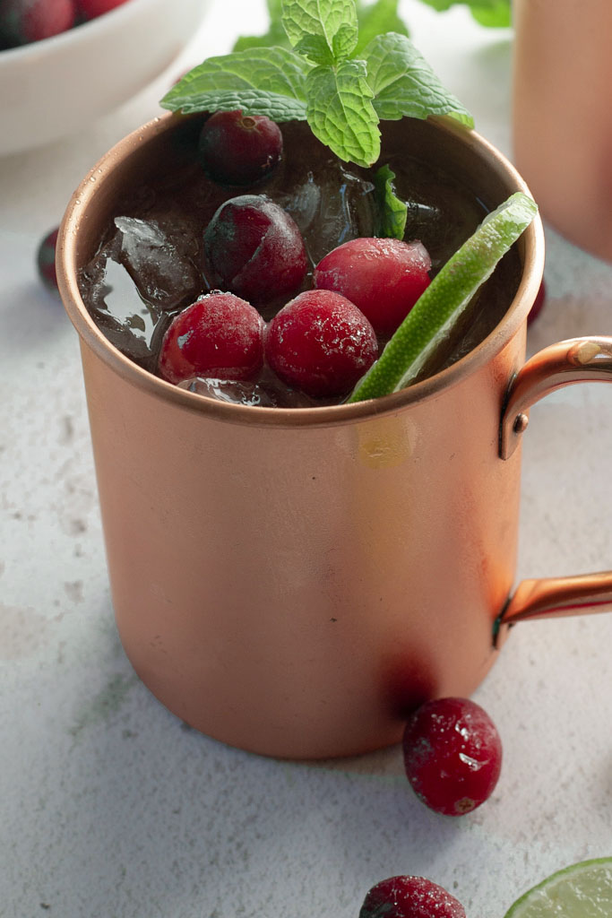 close up cranberry Moscow Mule mocktail