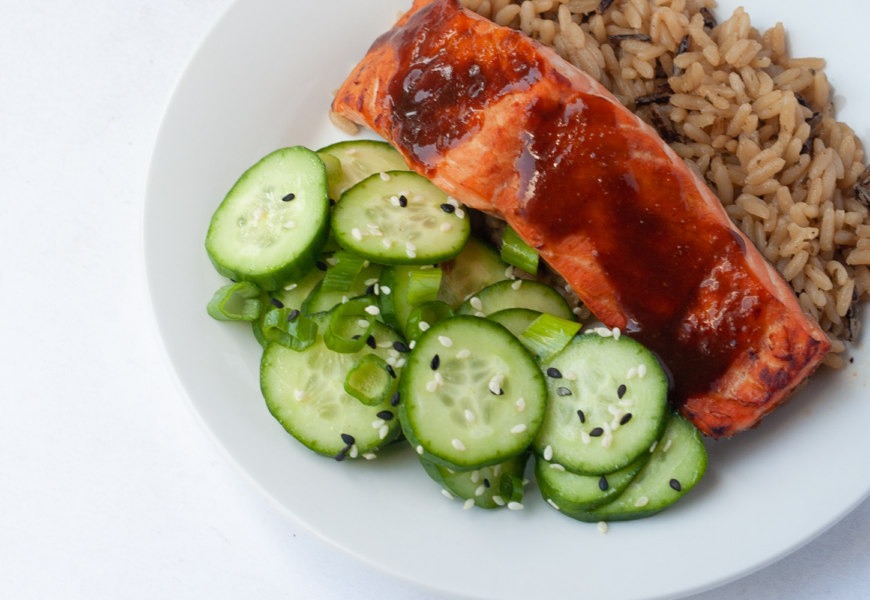 air fryer salmon with brown rice and cucumber salad