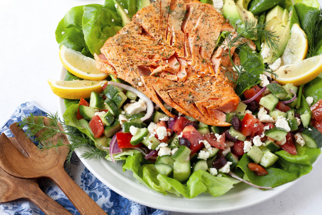 greek salad with air fryer salmon recipe