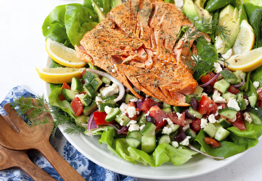 greek salad with air fryer salmon recipe