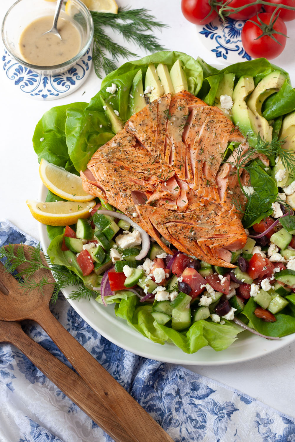 simple greek salad with air fryer salmon