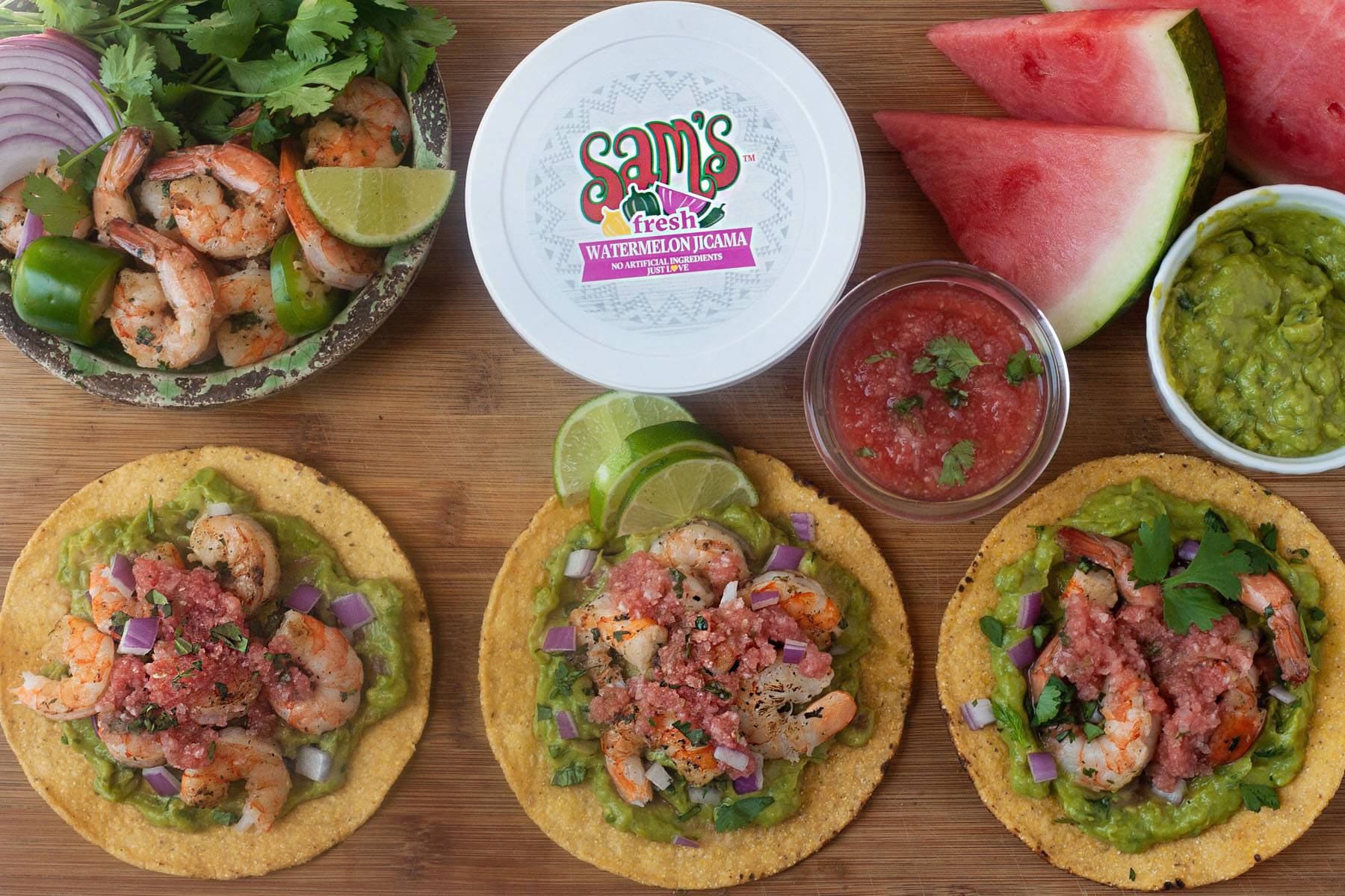 grilled shrimp tostadas with Sams Fresh Watermelon Jicama Salsa