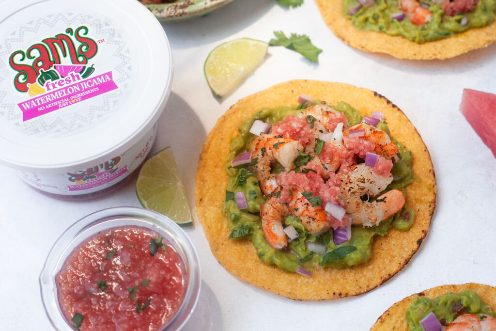 grilled shrimp tostada with watermelon salsa