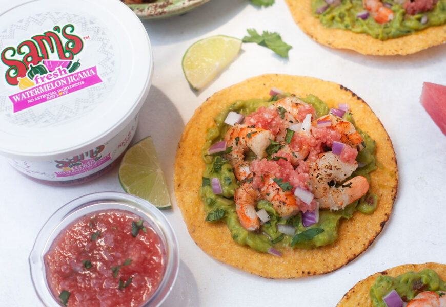 grilled shrimp tostada with watermelon salsa