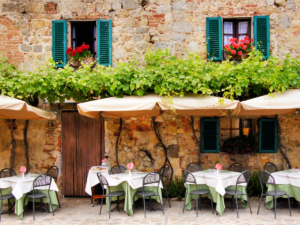 restaurant tables outside of mediterranan