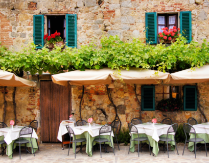 restaurant tables outside of mediterranan