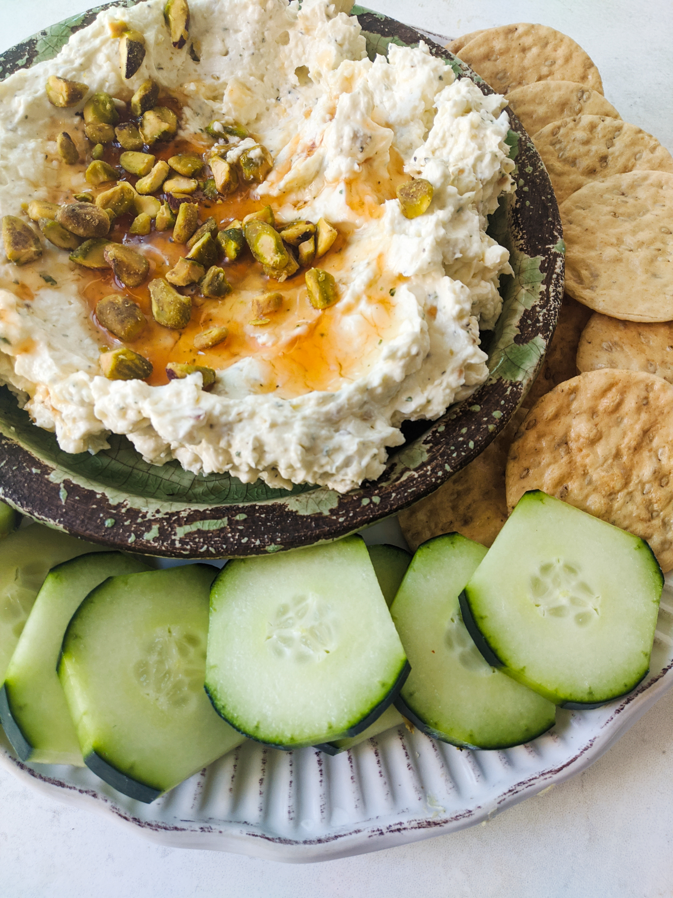 whipped feta dip with honey and pistachios