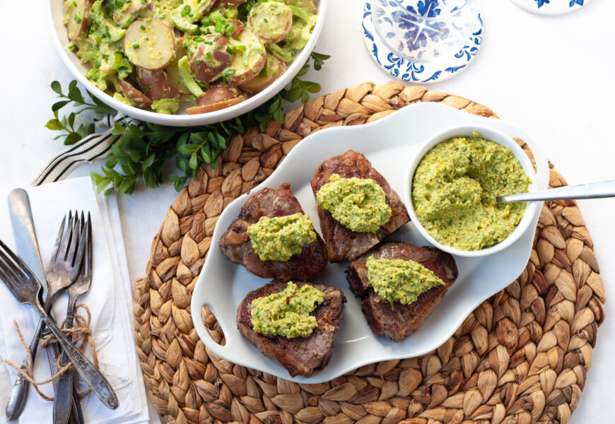 grilled lamb with pistachio olive tapenade