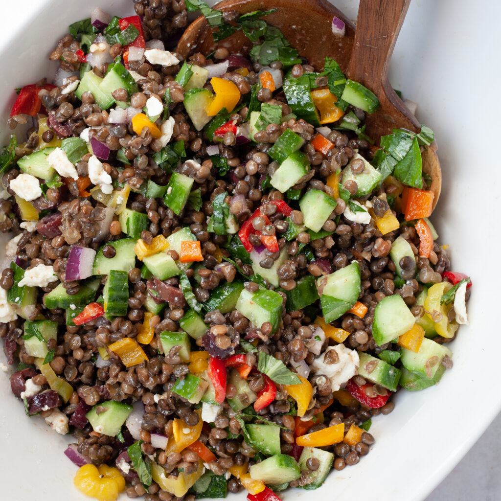 chopped lentil salad close up